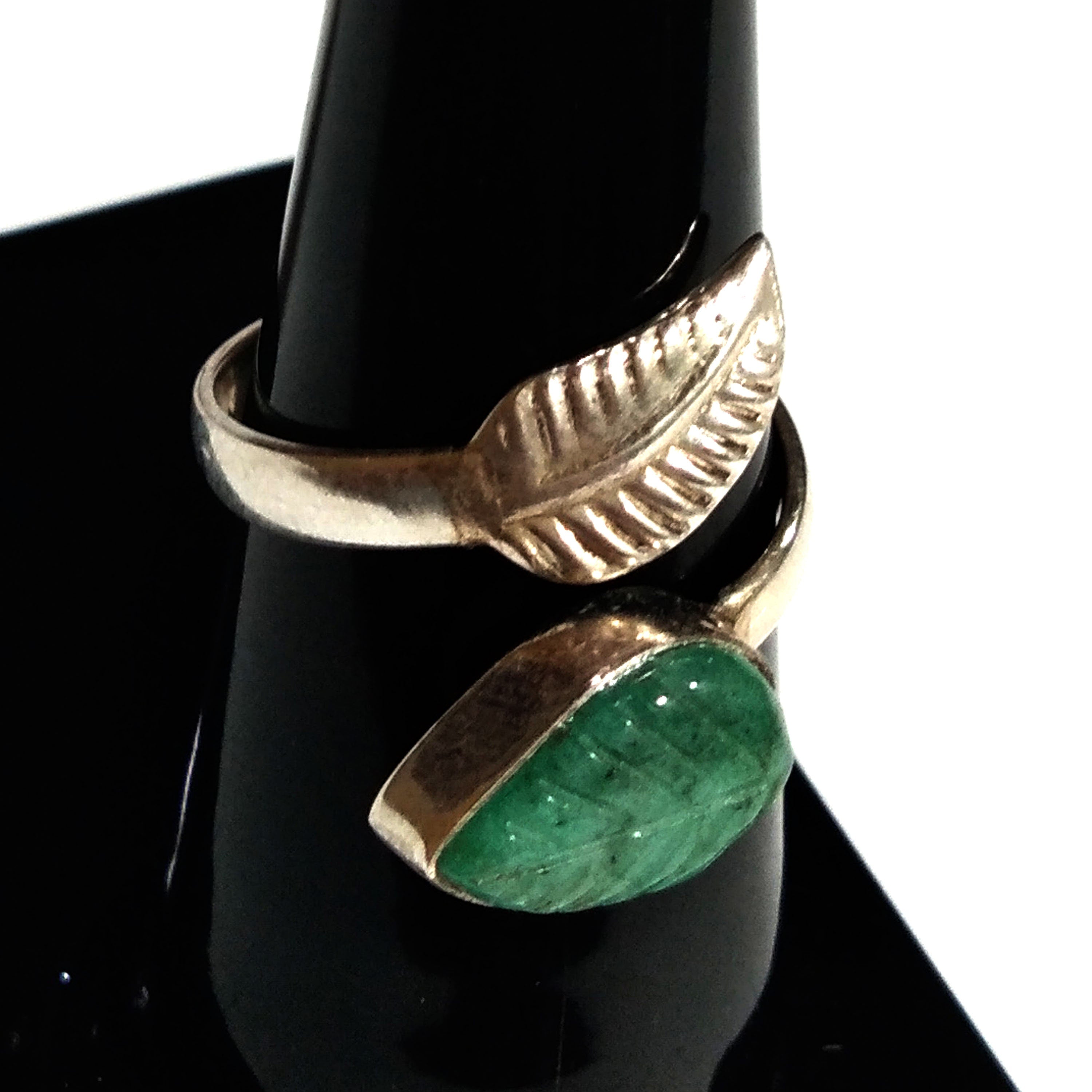 Natural Emerald Leaf Carving Ring, 925 Solid Starling Silver Ring Jewelry, Pear Shape Beautiful Emerald Carving Stone Ring, Gift for Her